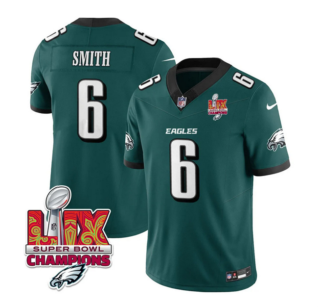 Men's Green Philadelphia Eagles #6 DeVonta Smith 2025 Eagles Logo Super Bowl LIX Patch New F.U.S.E. Vapor Limited Stitched Football Jersey